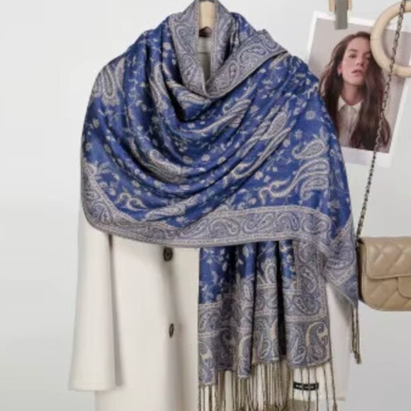 Royal Blue and beige reversible pashmina scarf shawl wrap, Unisex Holiday gift - Picture 4 of 4